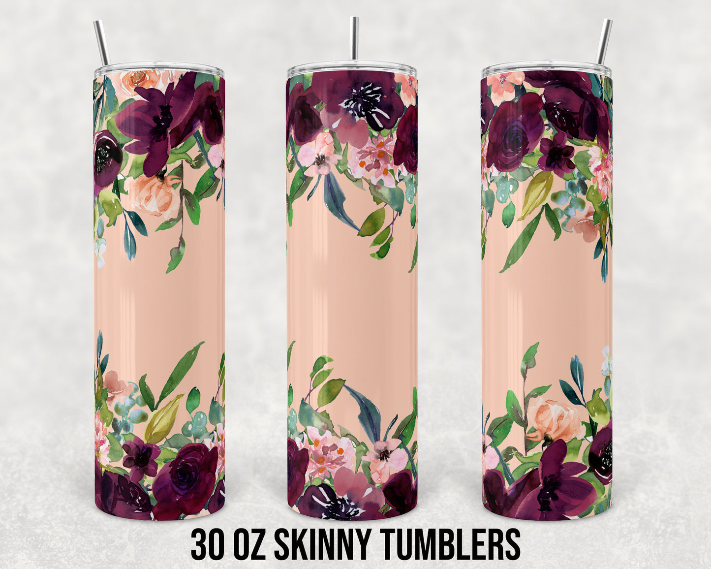 30 oz Skinny Tumbler Sublimation Design Template Peach and Maroon Floral Straight and Warped