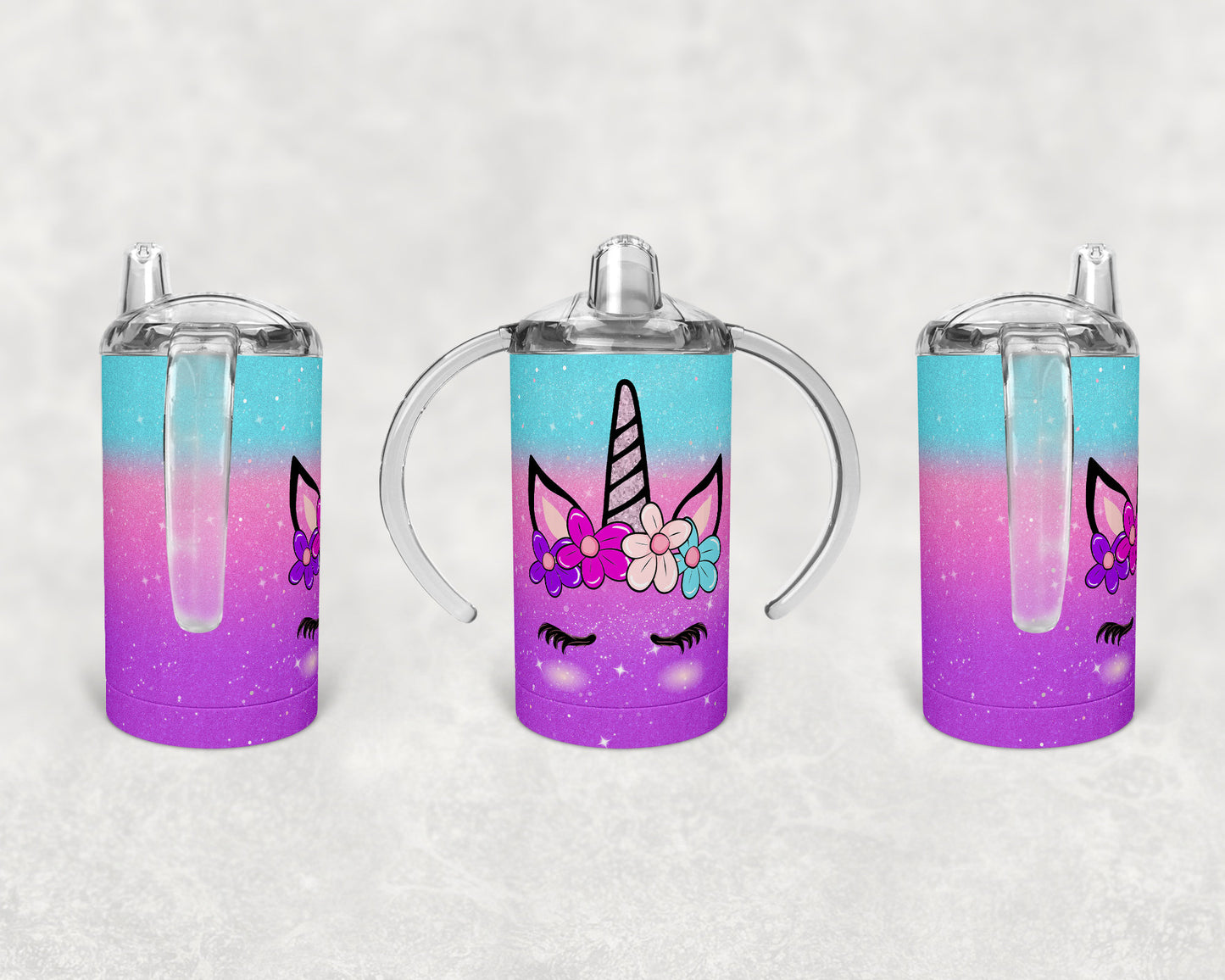 Straight Sippy Cup Sublimation Unicorn Teal ombre glitter Design