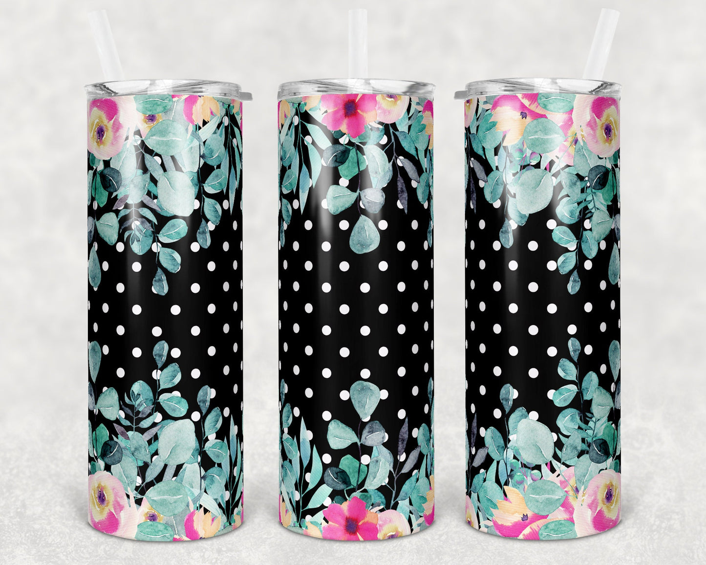 20 oz Skinny Tumbler Polka Dot Floral Aqua Pink Sublimation Design Print Transfer