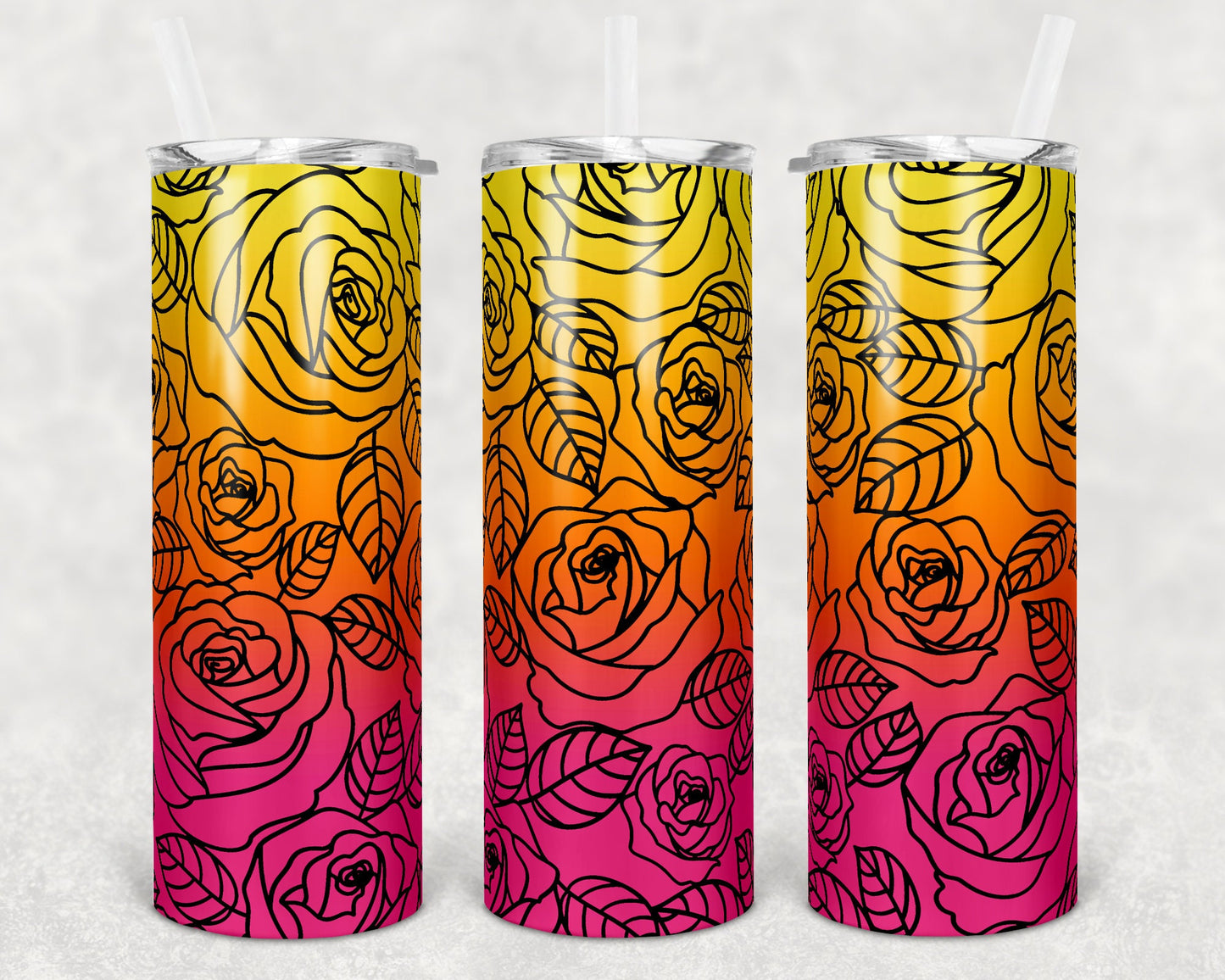 20 oz Skinny Tumbler Sublimation Ombre Pink Yellow Orange Rose Straight and Warped Design