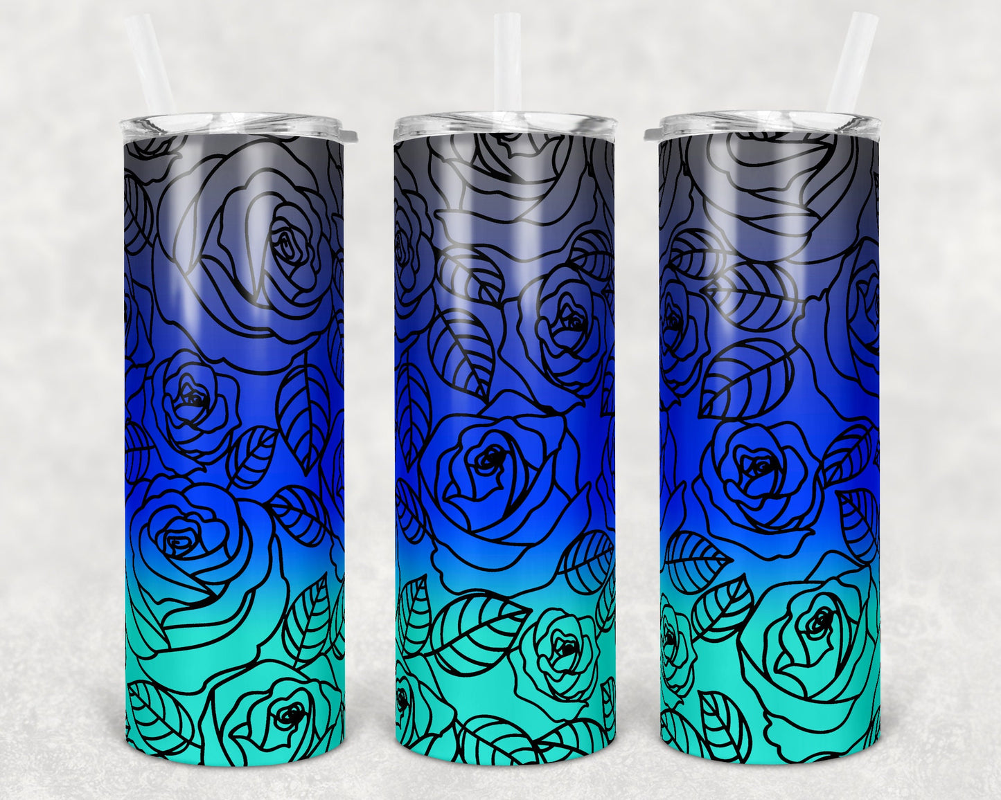 20 oz Skinny Tumbler Sublimation Ombre Teal Blue Grey Rose Straight and Warped Design