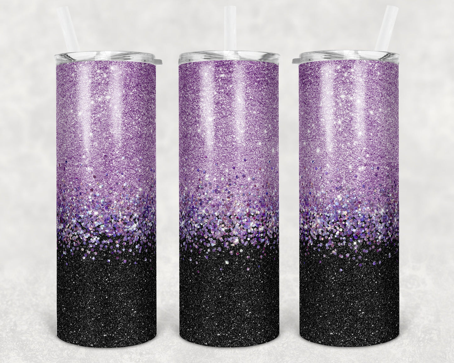 20 oz Skinny Tumbler Sublimation Design Template Glitter Confetti Lavendar Black Straight Warped Design