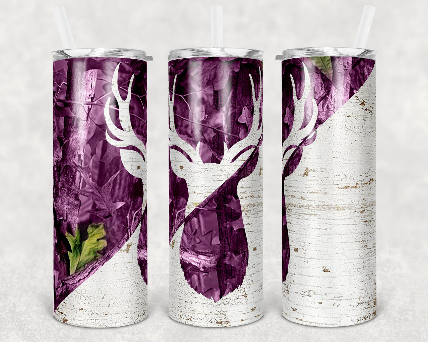 20 oz Skinny Tumbler Camp Deer Purple Camo and Wood Sublimation Design Print Transfer