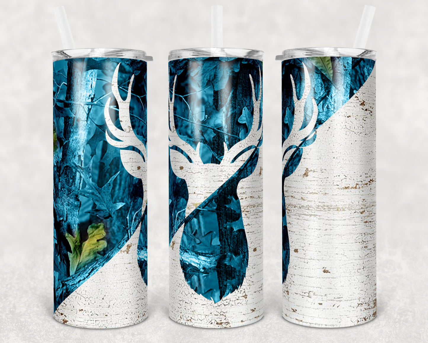 20 oz Skinny Tumbler Camp Deer Teal Camo and Wood Sublimation Design Print Transfer