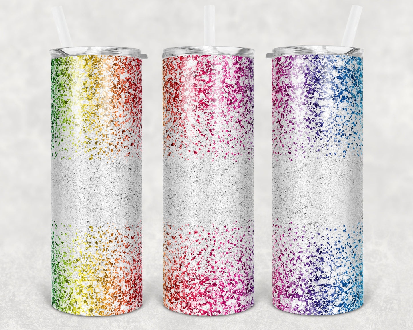 20 oz Skinny Tumbler Sublimation Design Glitter Confetti Rainbow Straight and Warped Design