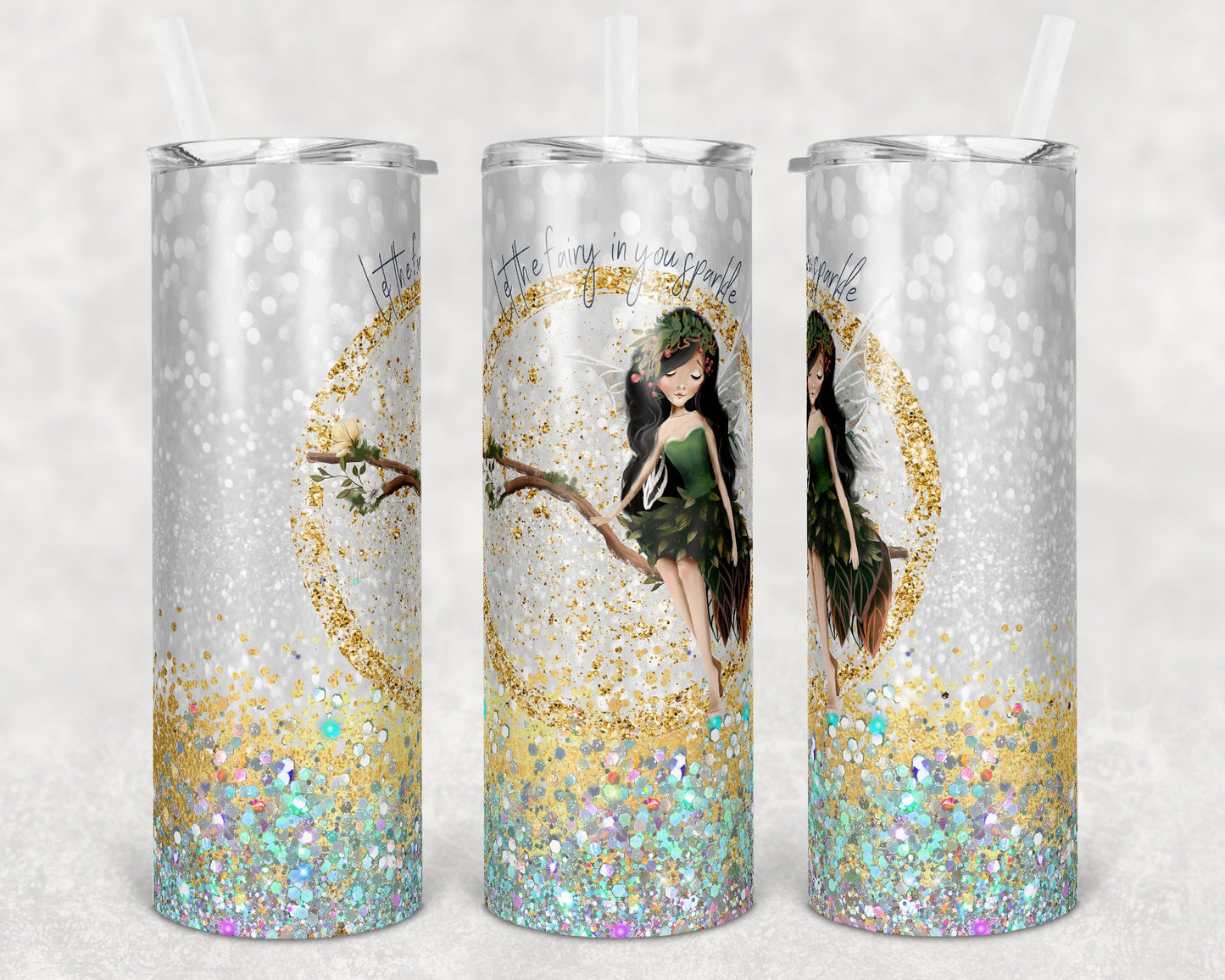20 oz Skinny Tumbler Glitter Gold Fairy Sparkle Seamless Sublimation Design