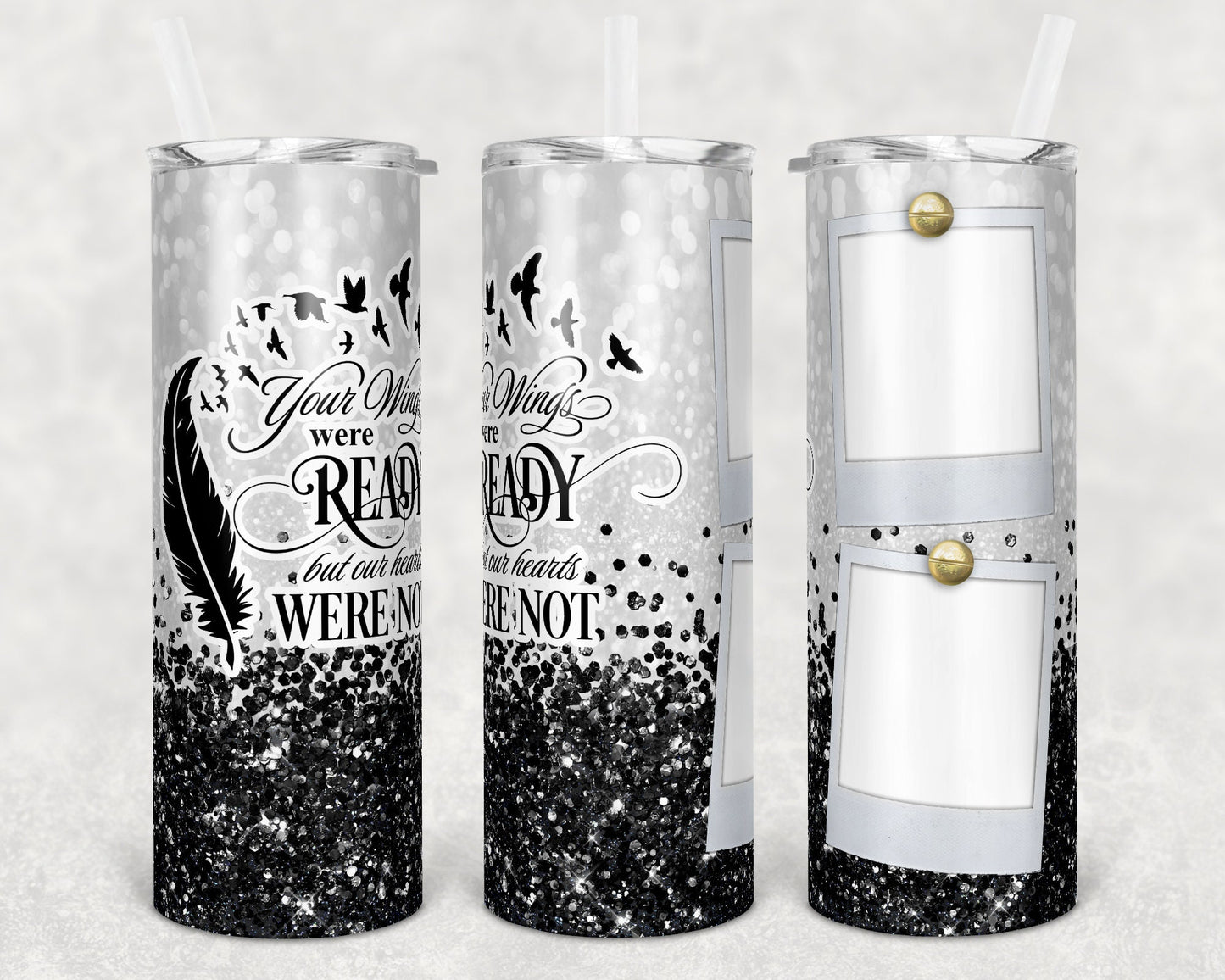 20 oz Skinny Tumbler Memorial with 2 Pictures Black Glitter Wings Were Ready Sublimation Design