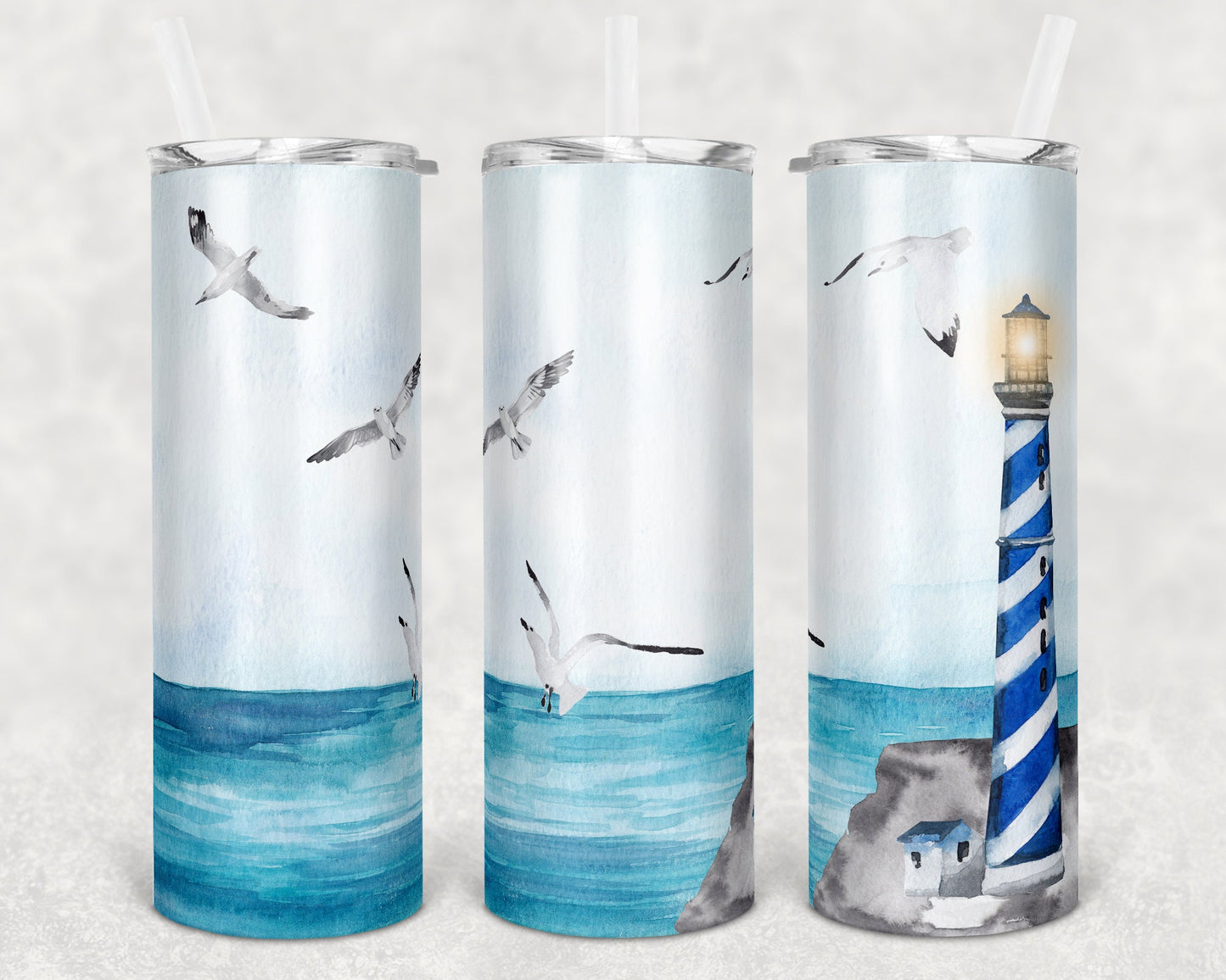20 oz Skinny Tumbler Ocean Beach Waves Lighthouse Day Background Sublimation Design