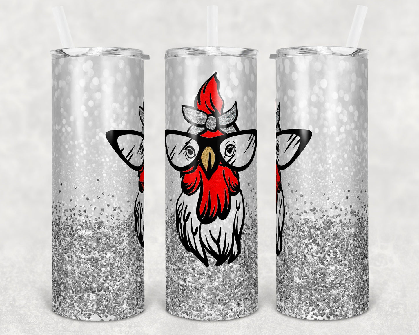 20 oz Skinny Tumbler Snarky Chicken Cute Silver Glitter Sublimation Design Print Transfer
