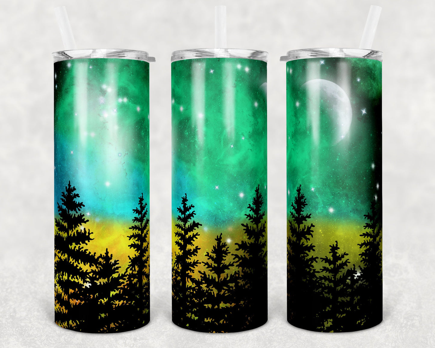 20 oz Skinny Tumbler Sublimation Design Northern Lights Night Sky Silhouette