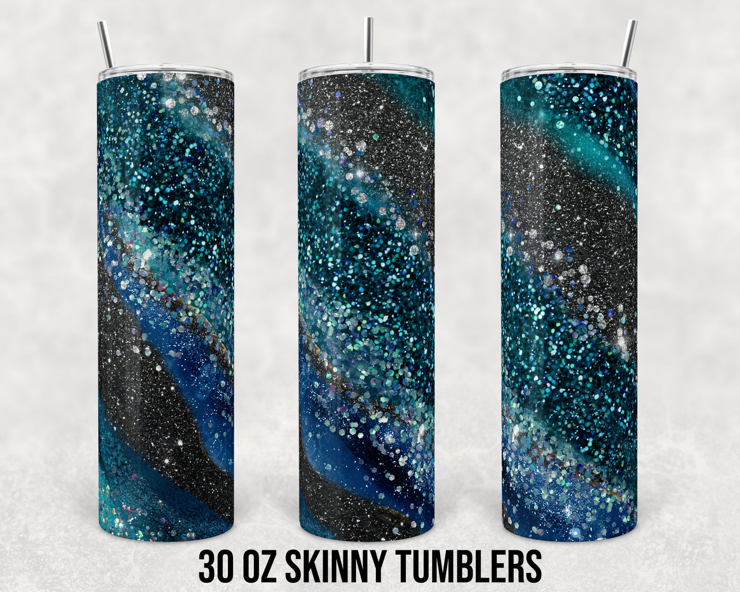 30 oz Skinny Tumbler Sublimation Design Template Milky way Teal and Black Straight and Warped