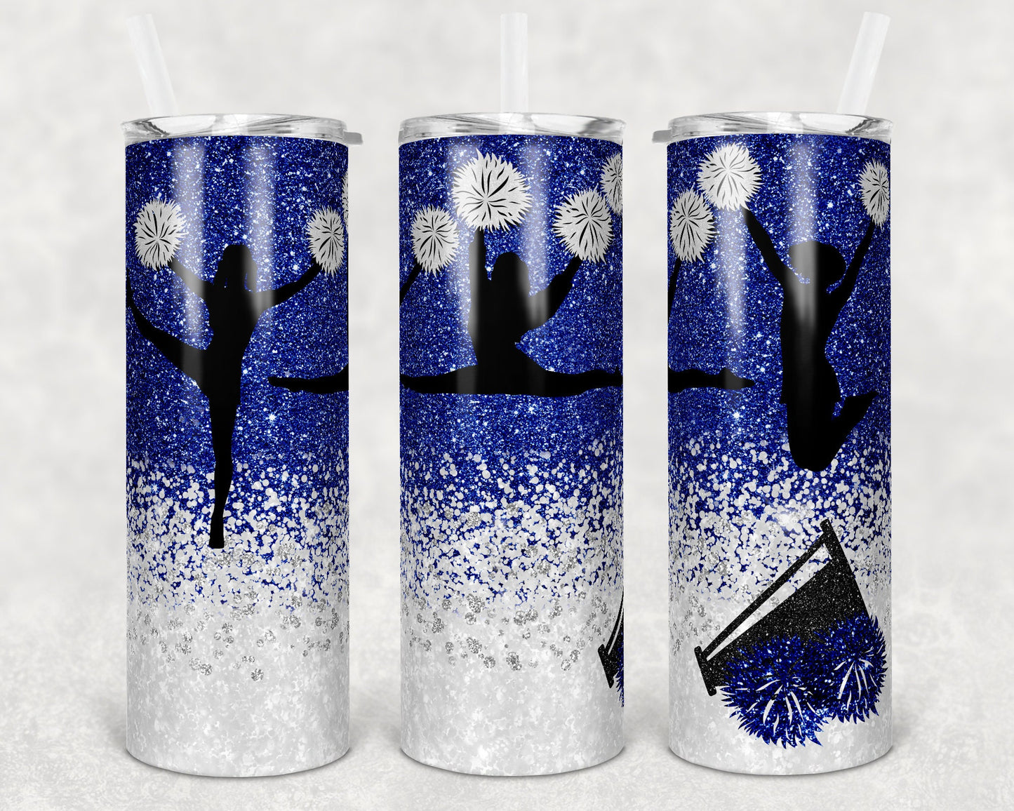 20 oz Skinny Tumbler Cheer Blue White Glitter Sublimation Design Print Transfer