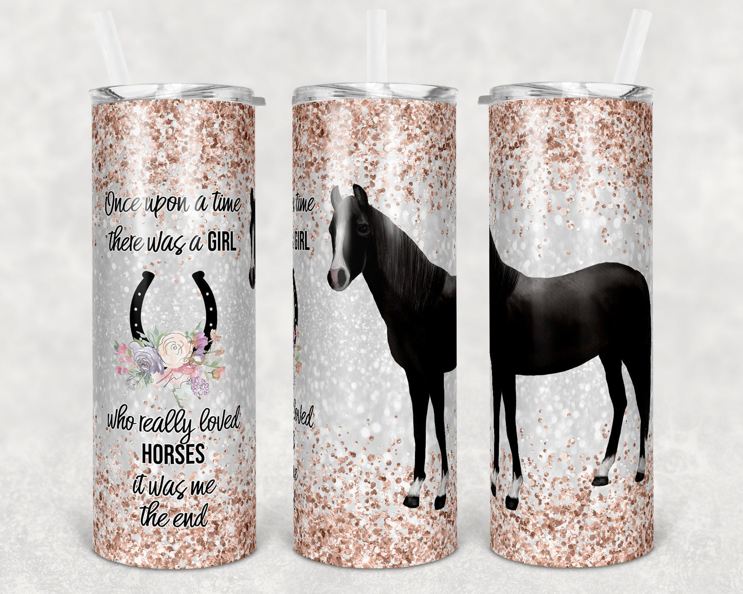 20 oz Skinny Tumbler Sublimation Glitter Just a Girl who Loves Horses Straight and Warped Design