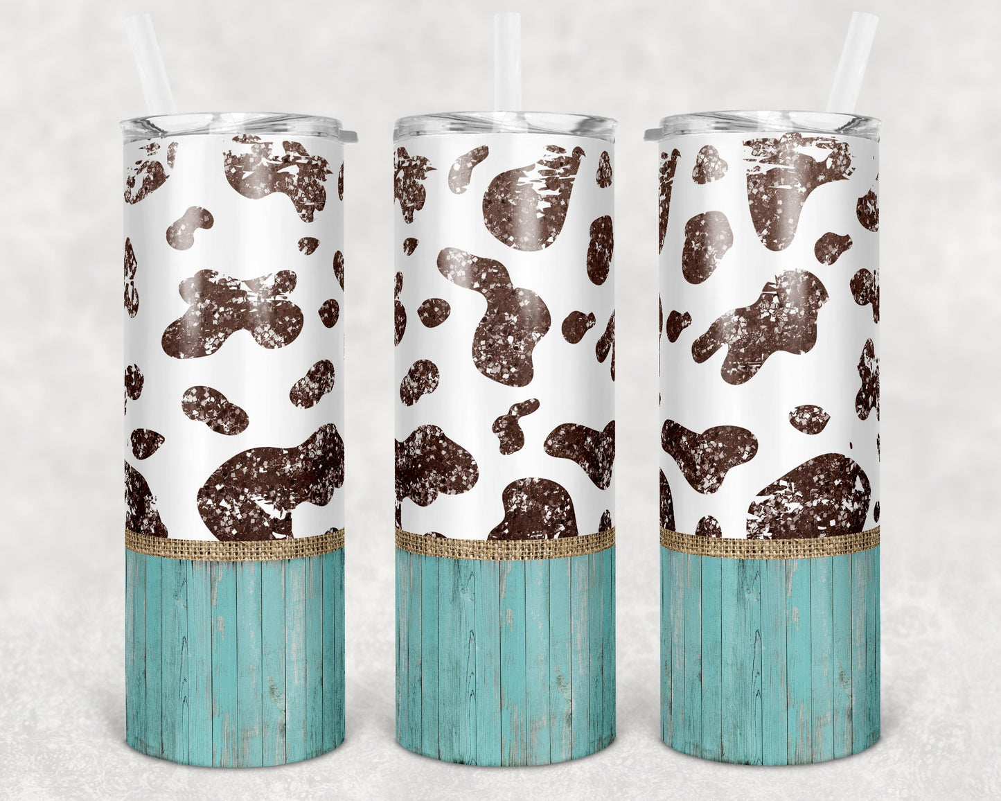 20 oz Skinny Tumbler Sublimation Cow Print Burlap and Glitter Design