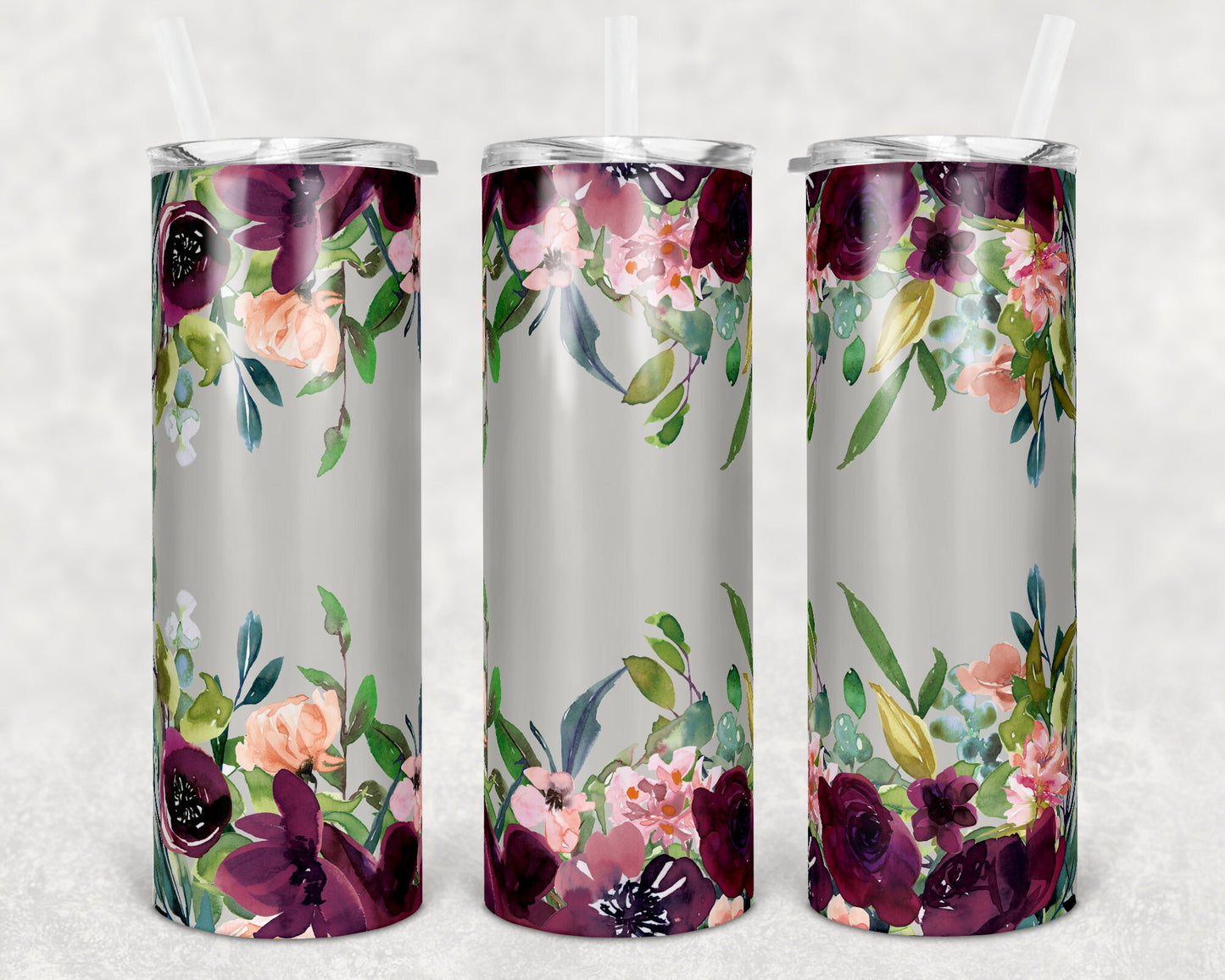 20 oz Skinny Tumbler Gray and Floral Maroon Sublimation Design Print Transfer