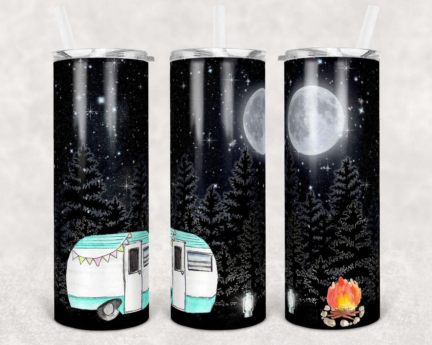 20 oz Skinny Tumbler Camper Vintage Teal Trailer Night Sky Camping Sublimation Design Dwnld