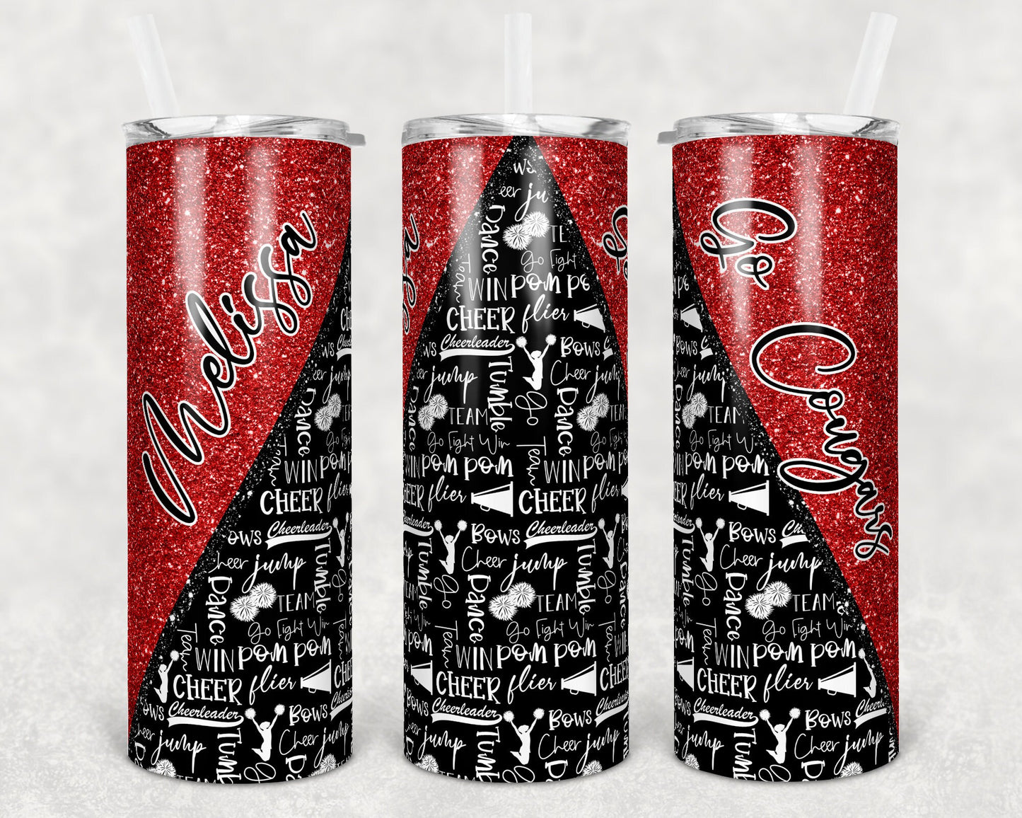 20 oz Skinny Tumbler Cheer Red Glitter Cheer Cheerleading Sublimation Design Print Transfer
