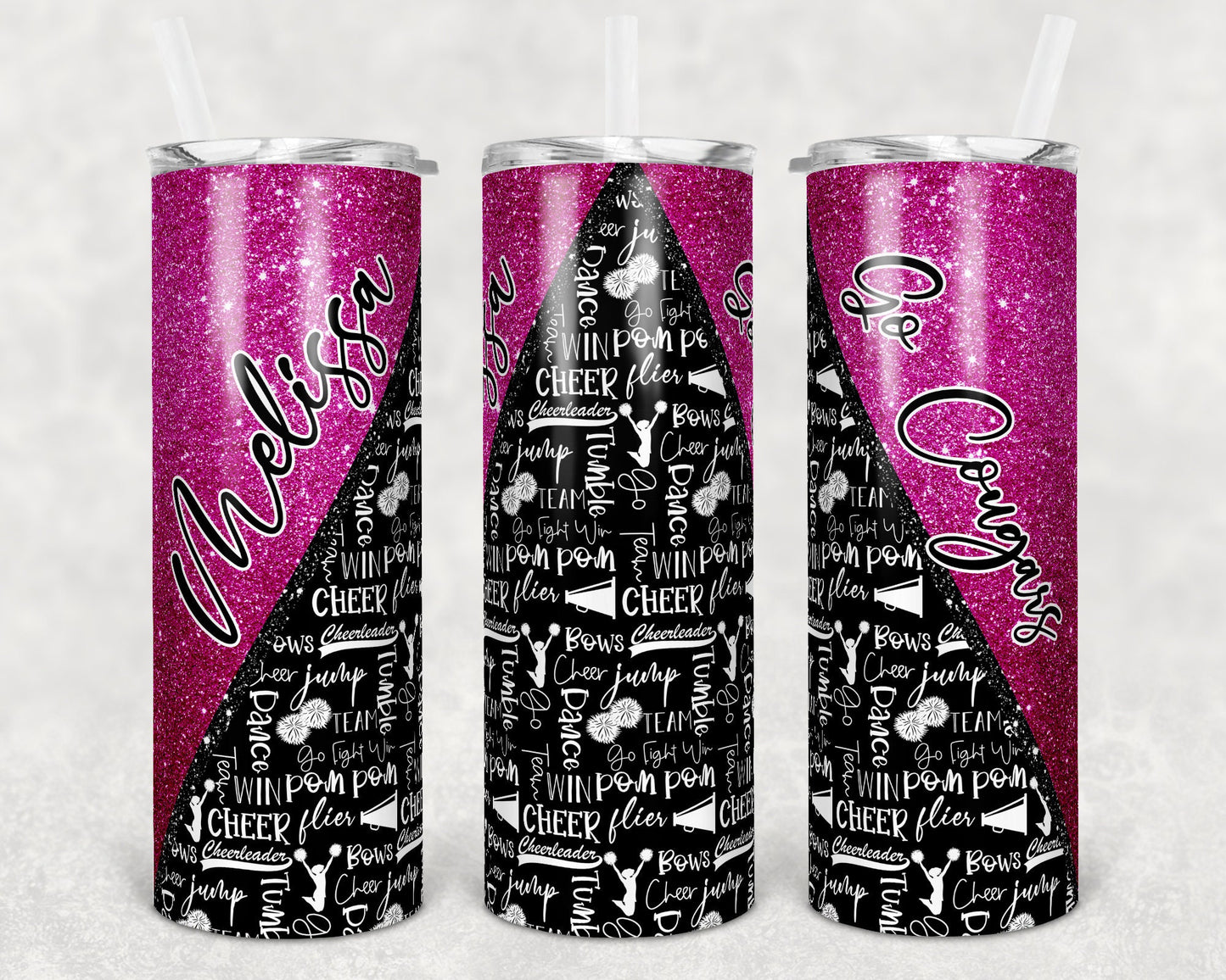 20 oz Skinny Tumbler Cheer Hot Pink Glitter Cheer Cheerleading Sublimation Design