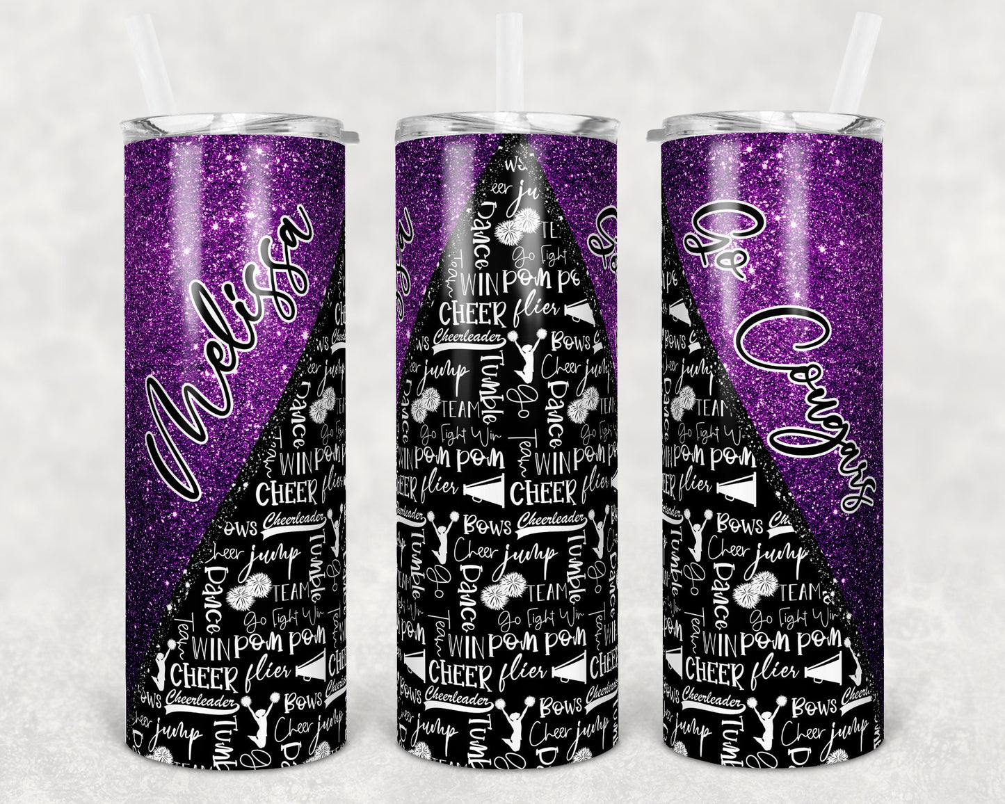 20 oz Skinny Tumbler Cheer Purple Glitter Cheer Cheerleading Sublimation Design