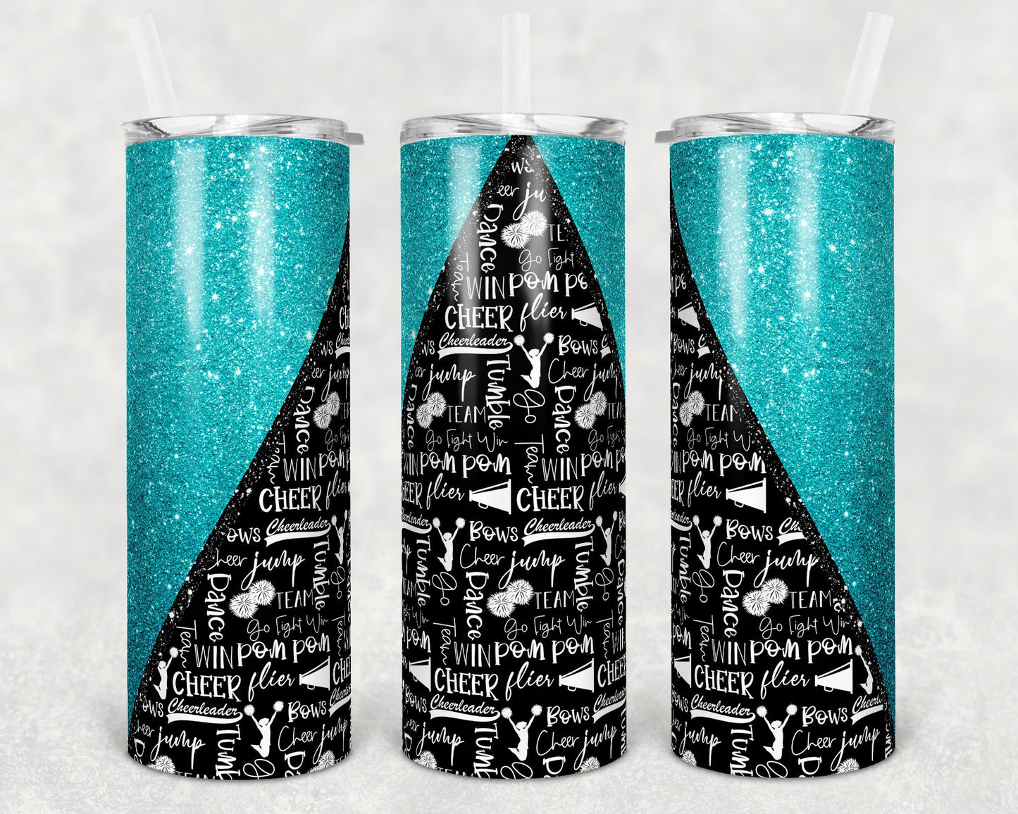 20 oz Skinny Tumbler Cheer Teal Glitter Cheer Cheerleading Sublimation Design