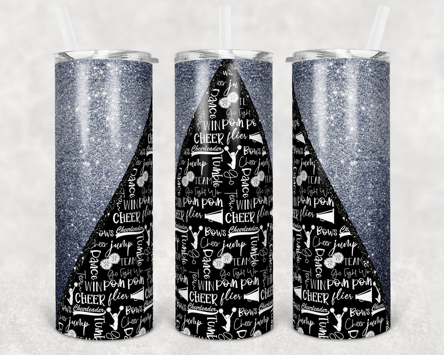 20 oz Skinny Tumbler Cheer Silver Glitter Cheer Cheerleading Sublimation Design