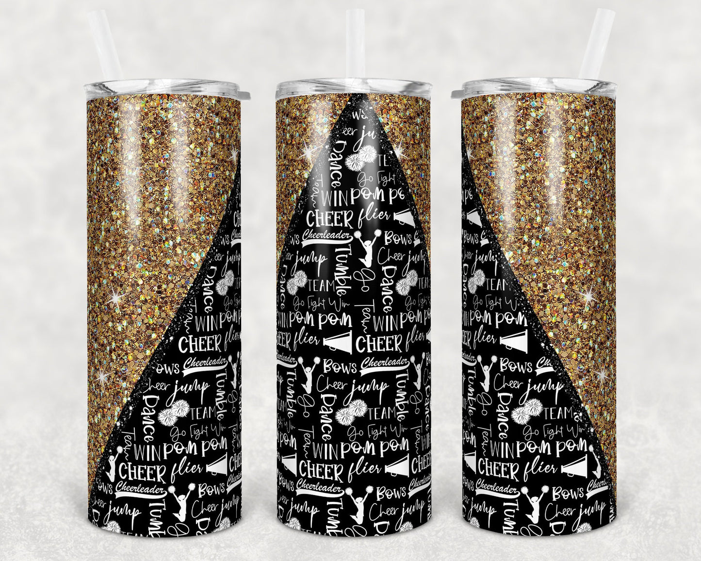 20 oz Skinny Tumbler Cheer Gold Glitter Cheer Cheerleading Sublimation Design