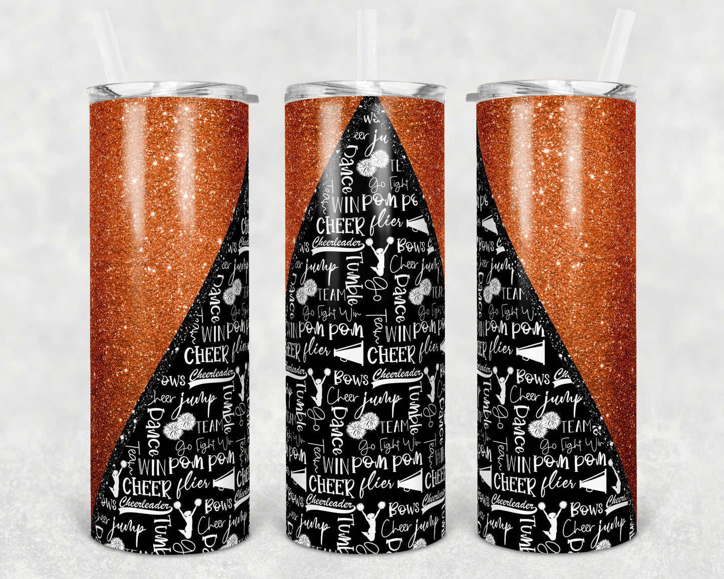 20 oz Skinny Tumbler Cheer Orange Glitter Cheer Cheerleading Sublimation Design tumblers