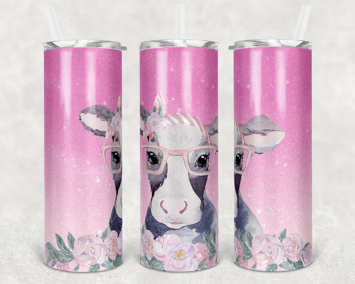 20 oz Skinny Tumbler Sublimation Design Template Ombre Glitter Cow Straight and Warped