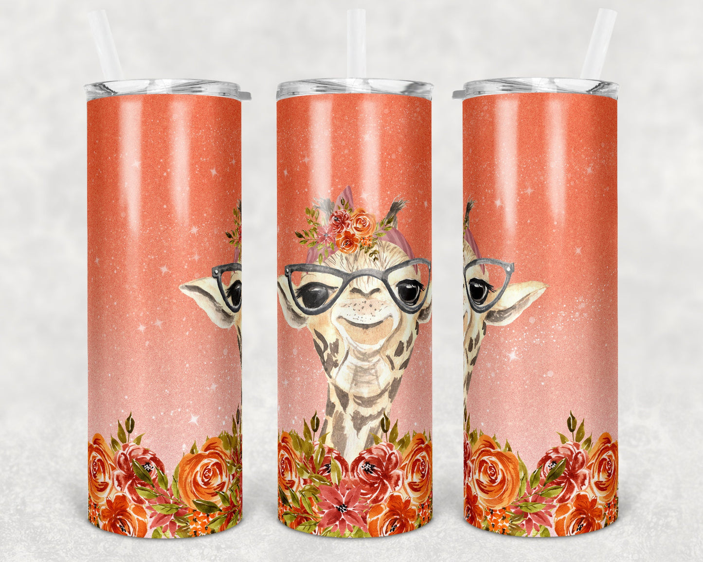 20 oz Skinny Tumbler Sublimation Design Template Ombre Glitter Giraffe Straight and Warped