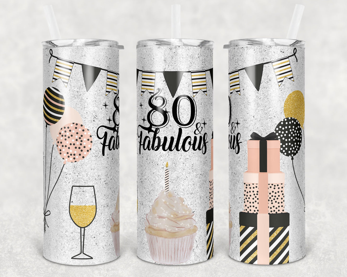 20 oz Skinny Tumbler Sublimation Glitter 80 and Fabulous Birthday Straight and Warped Design