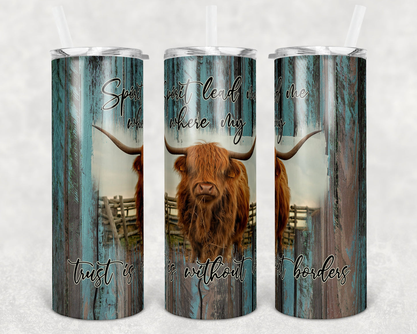 20 oz Skinny Tumbler Sublimation Highland Cow Rustic Wood Spirit Lead me Design tumblers