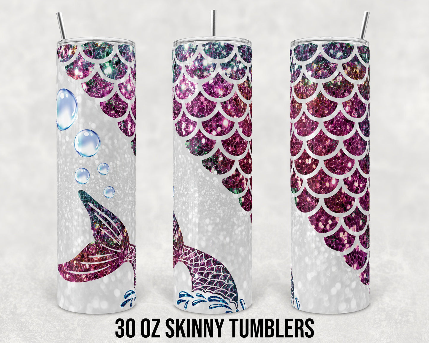 30 oz Skinny Tumbler Sublimation Design Template Faux Glitter Mermaid Scales Tail Straight and Warped