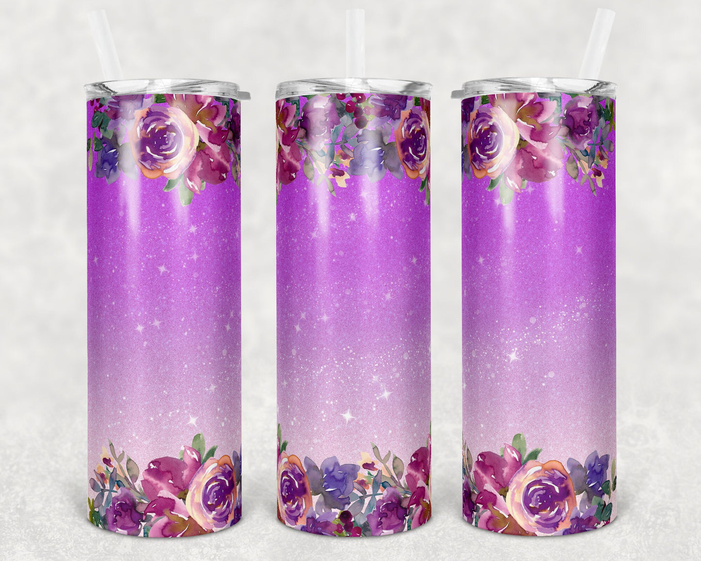 20 oz Skinny Tumbler Sublimation Design Template Glitter Ombre Purple Floral Straight and Warped Design