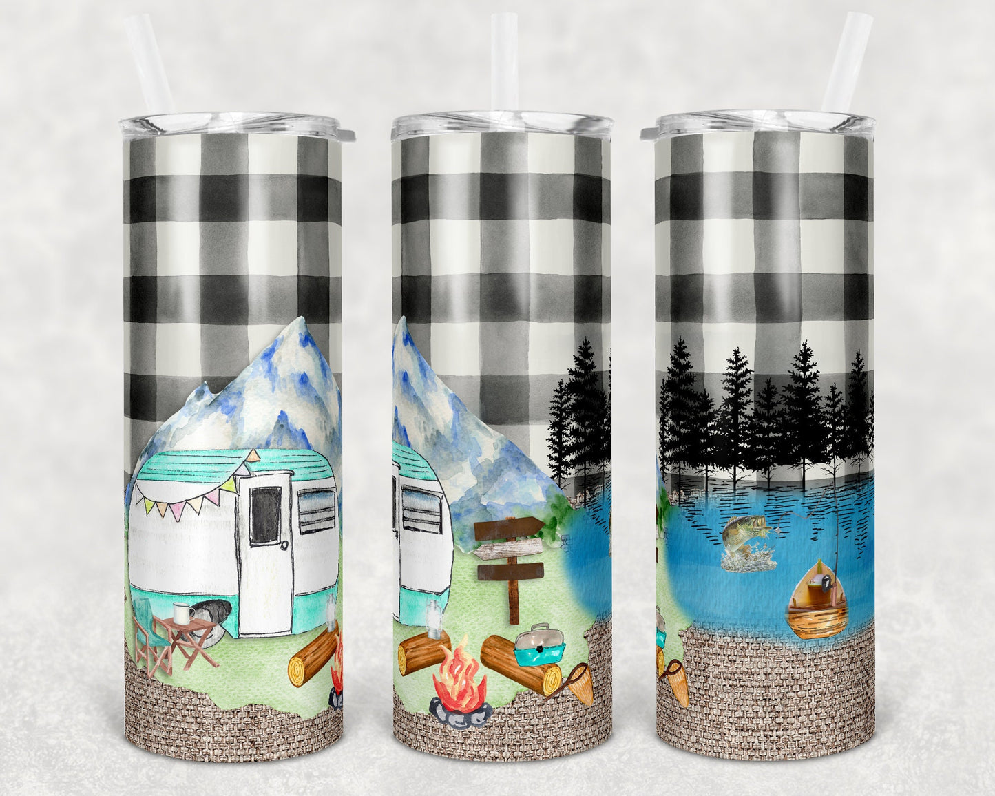 20 oz Skinny Tumbler Camping Trailer Camping and Fishing Sublimation Design Print Transfer