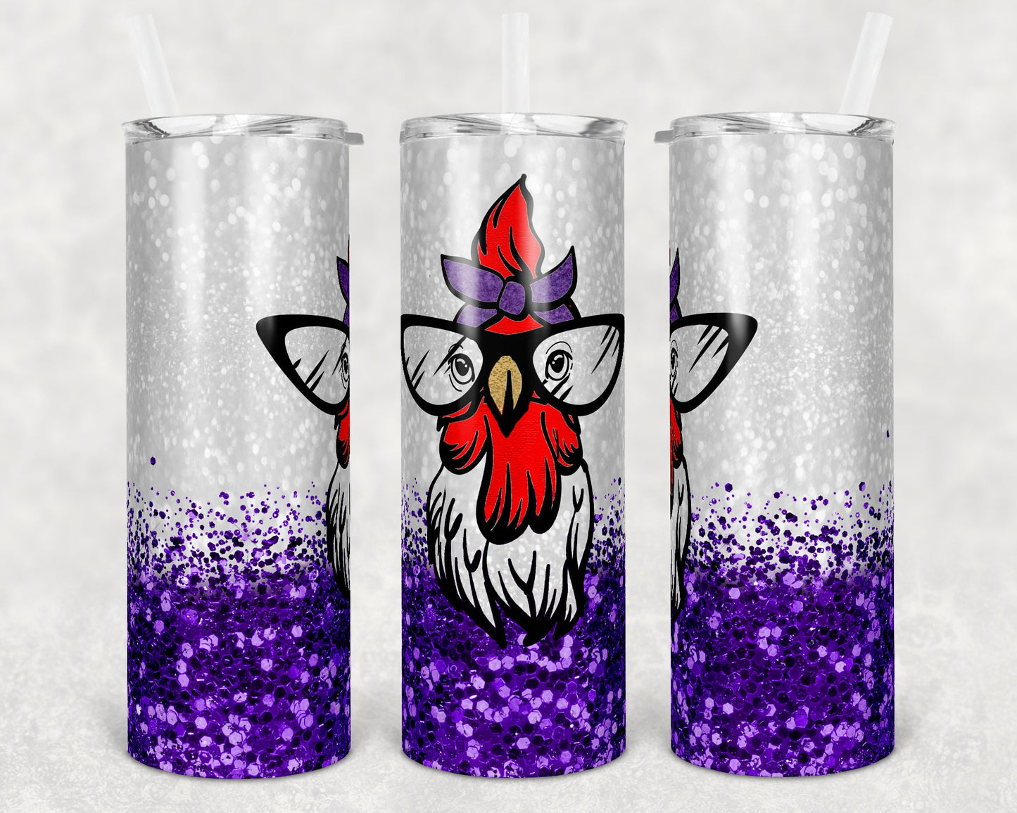 20 oz Skinny Tumbler Snarky Chicken Cute Purple Glitter Sublimation Design Print Transfer