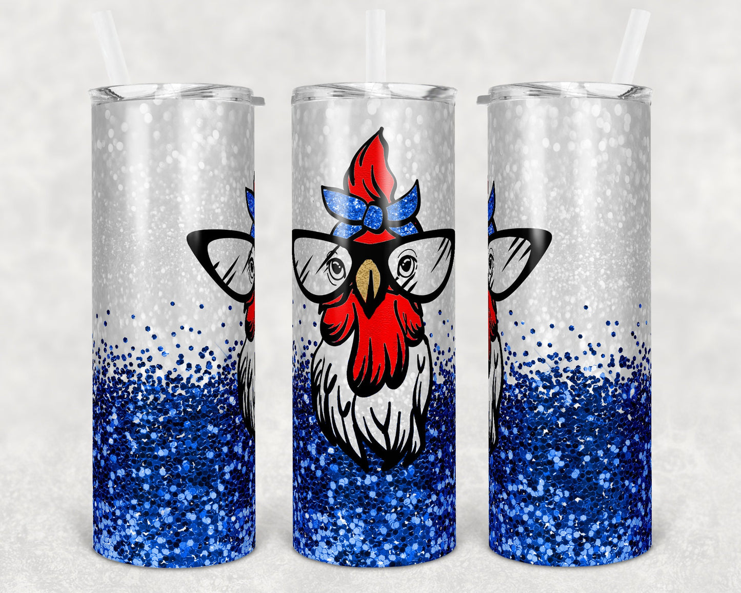 20 oz Skinny Tumbler Snarky Chicken Cute Blue Glitter Sublimation Design Print Transfer