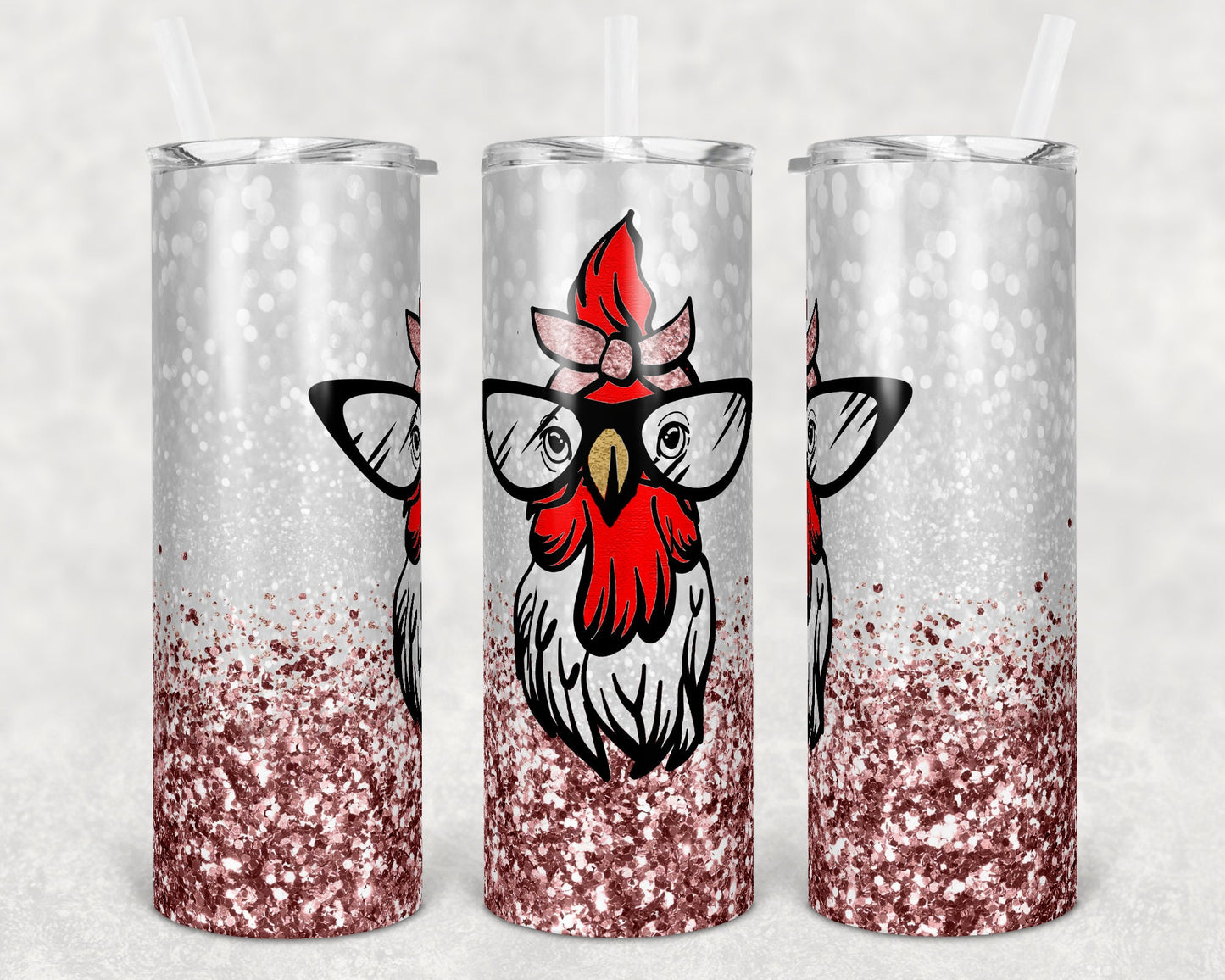 20 oz Skinny Tumbler Snarky Chicken Cute Rose Gold Glitter Sublimation Design Print Transfer