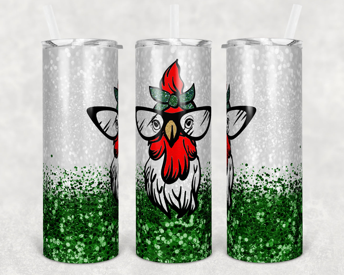 20 oz Skinny Tumbler Snarky Chicken Cute Green Glitter Sublimation Design Print Transfer