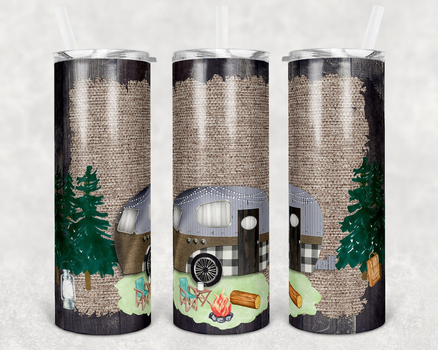 20 and 30 oz Skinny Tumbler Camper Vintage Trailer Burlap Wood out Sublimation