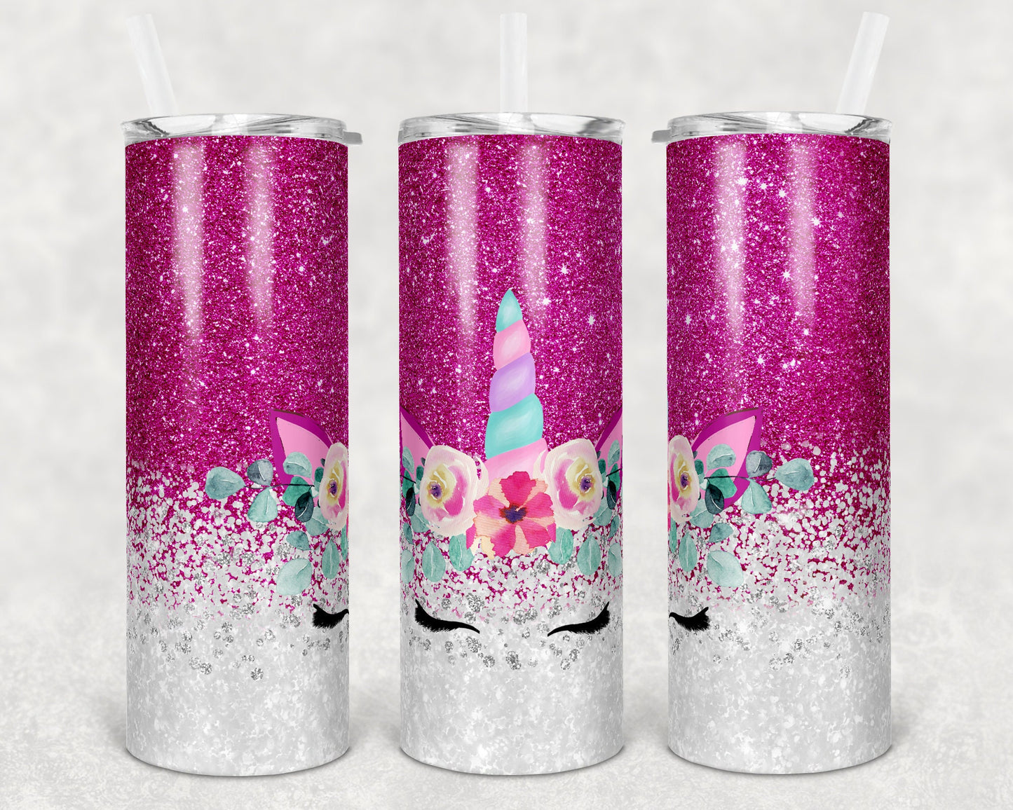 20 oz Skinny Tumbler Sublimation Design Template Unicorn Glitter Pink Straight and Warped Design