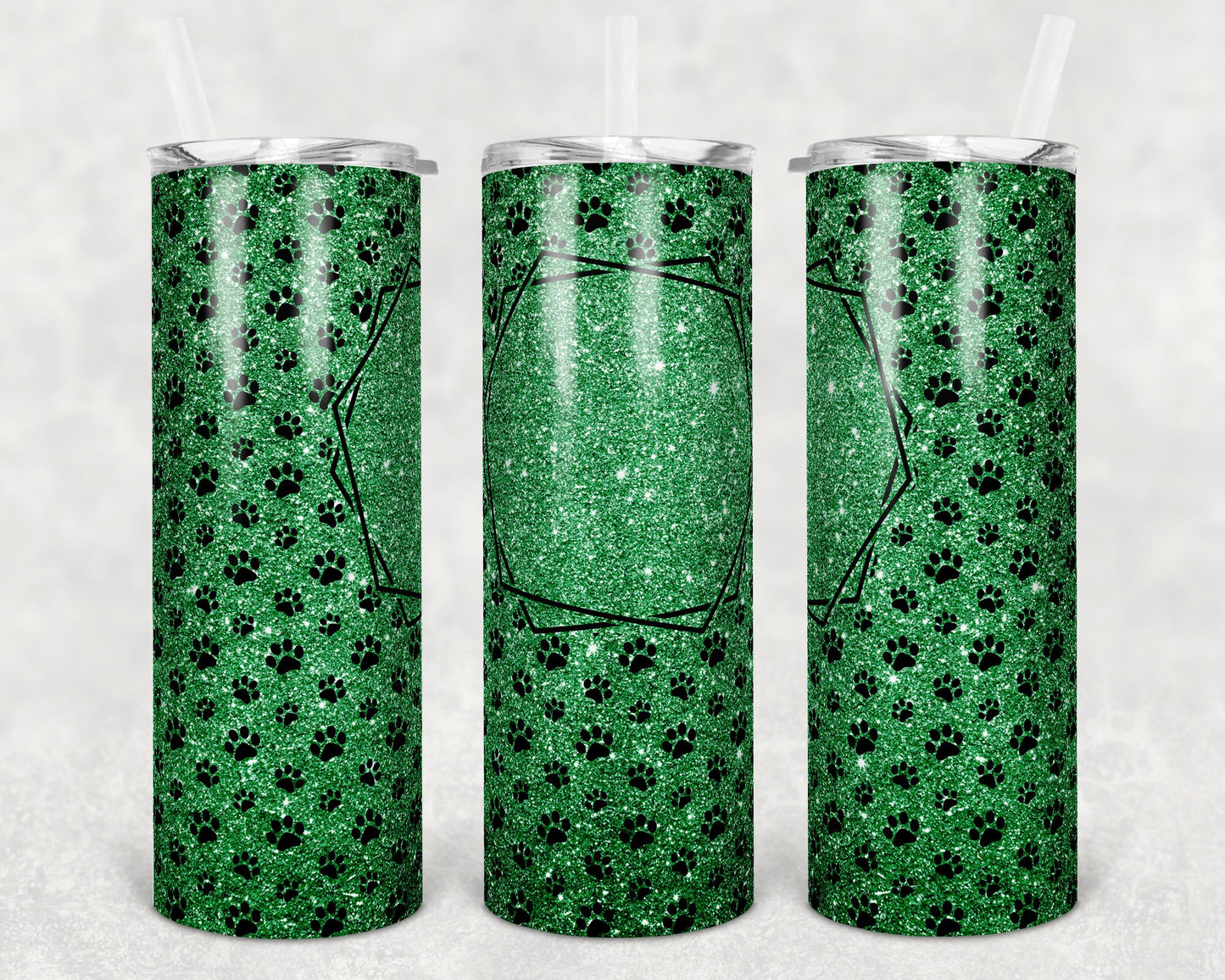 20 oz Skinny Tumbler Sublimation Green Glitter Paw Dog Frame Add Text Personalize Template Straight Warped
