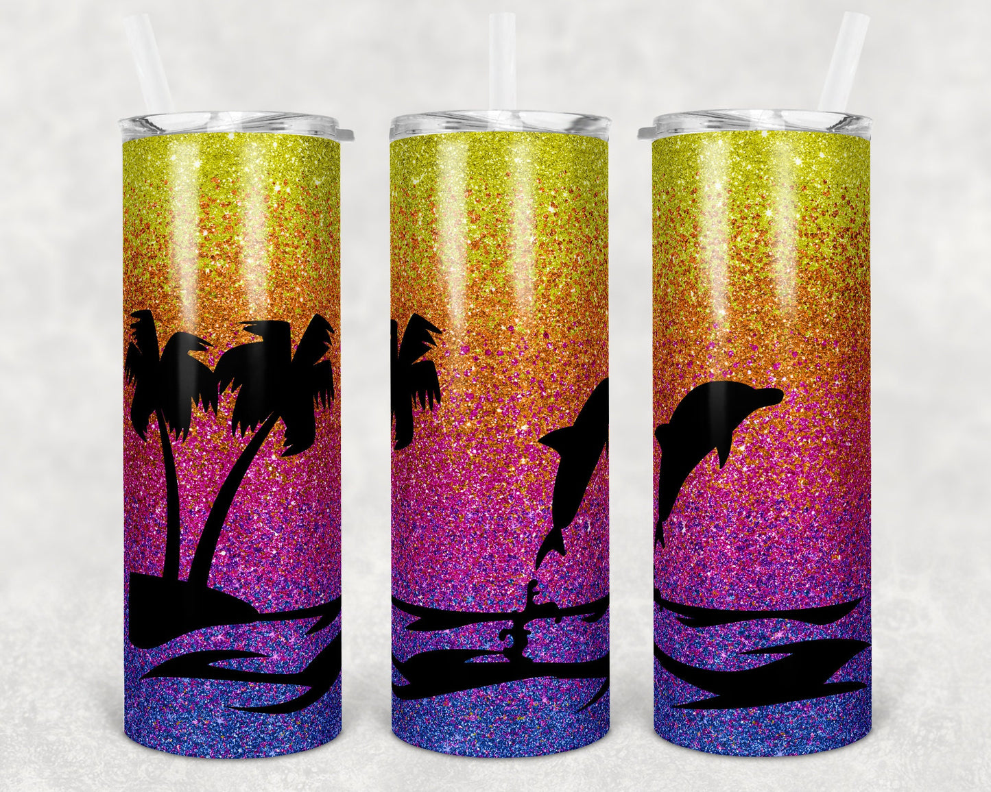 20 oz Skinny Tumbler Sublimation Design Template Glitter Ombre Dolphin Beach Palm Tree Tropical Straight and Warped