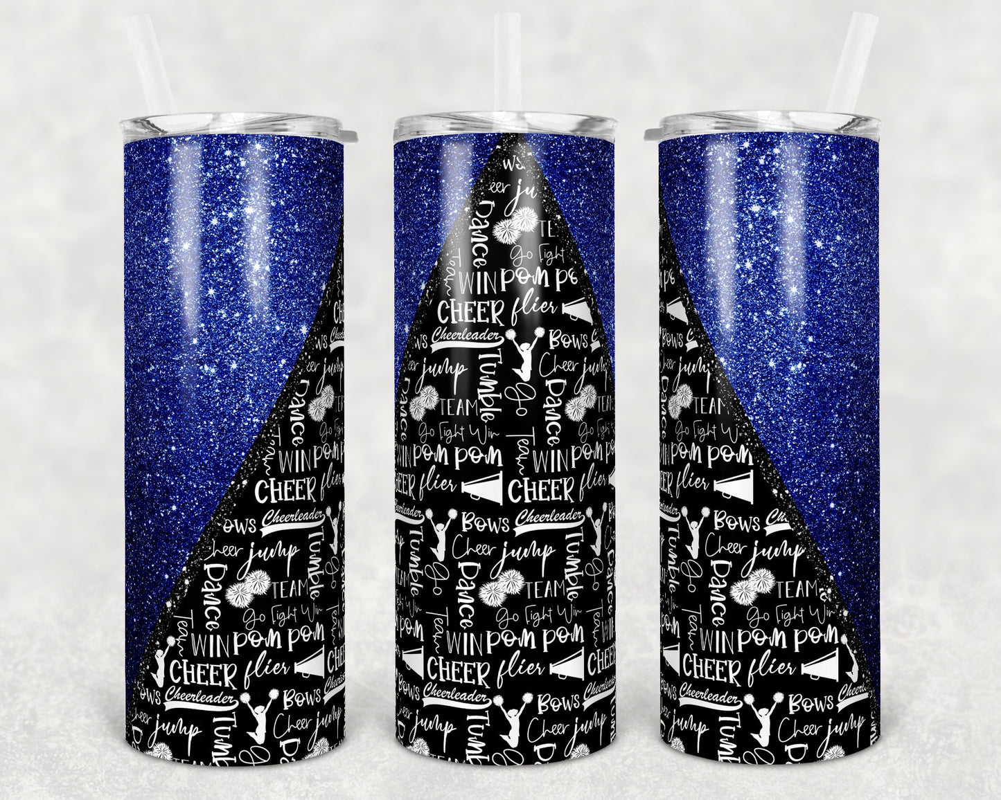 20 oz Skinny Tumbler Cheer Blue Glitter Cheer Cheerleading Sublimation Design