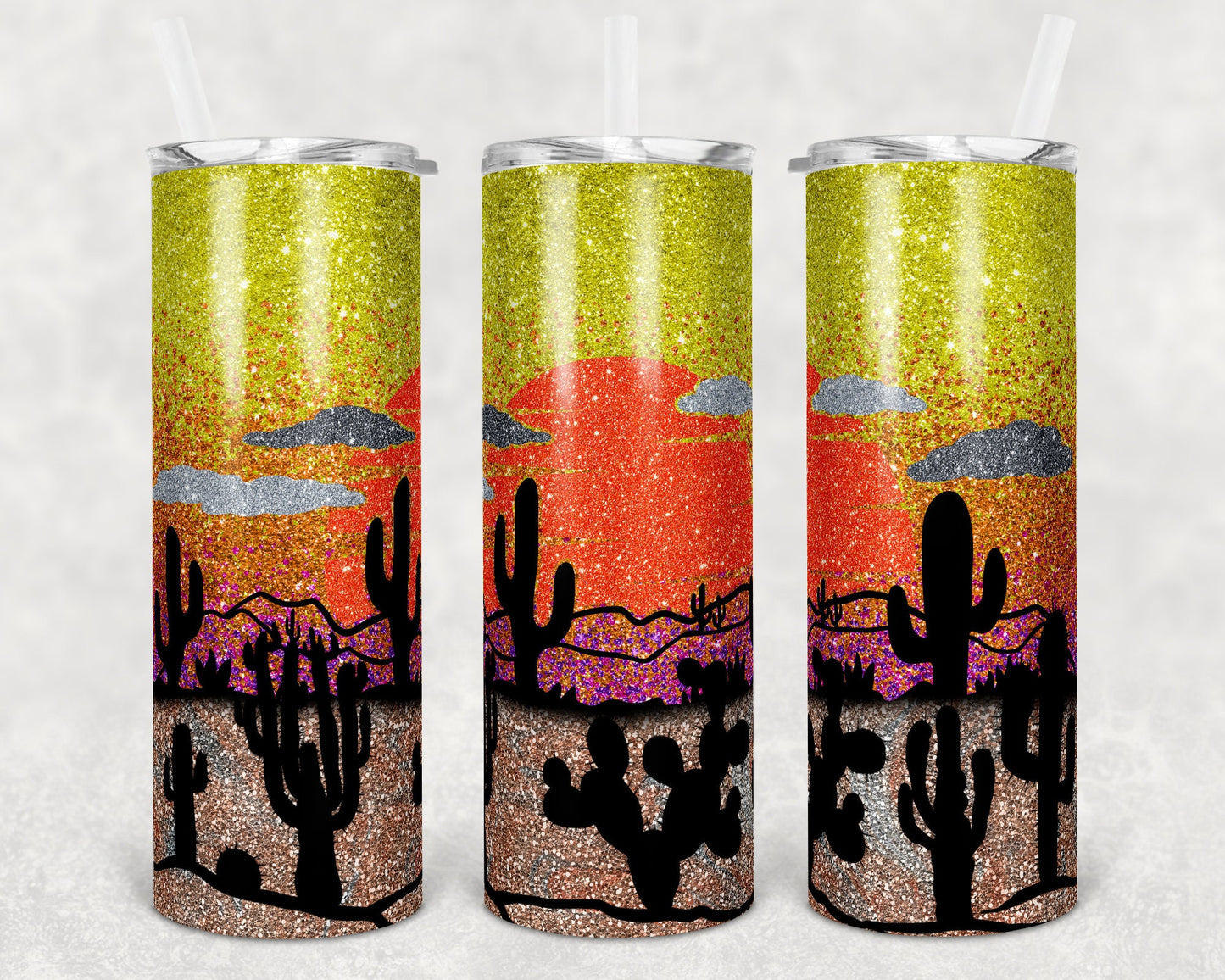 20 oz Skinny Tumbler Sublimation Design Template Glitter Ombre Desert Cactus Sunset Straight and Warped