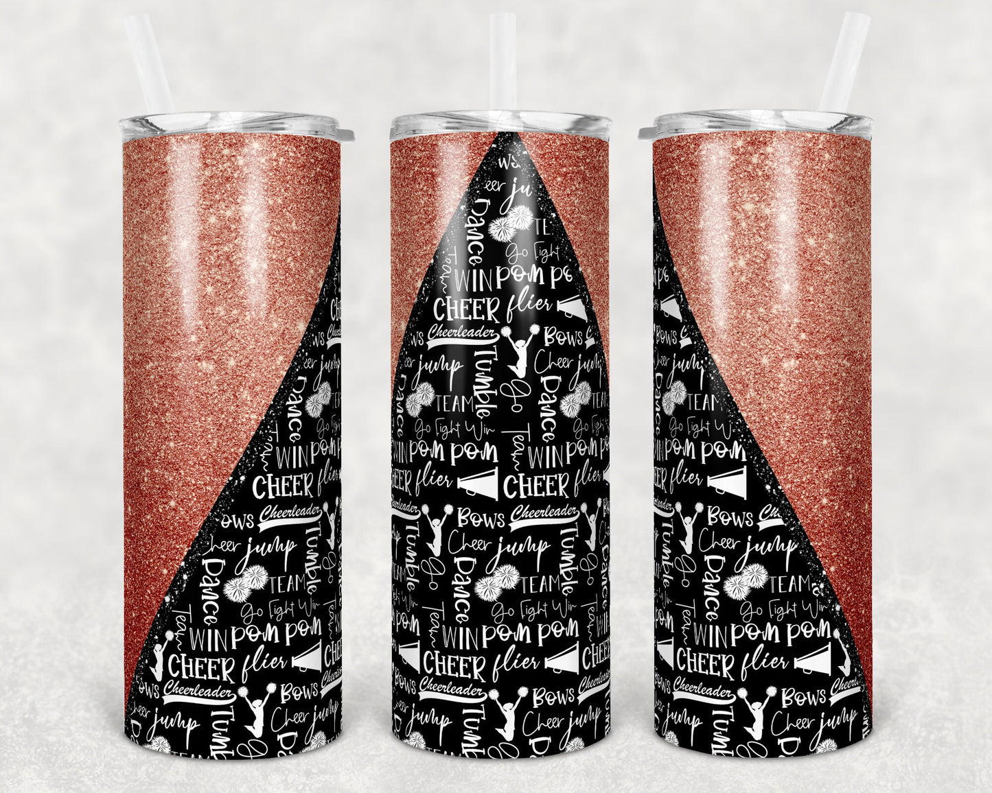 20 oz Skinny Tumbler Cheer Coral Glitter Cheer Cheerleading Sublimation Design