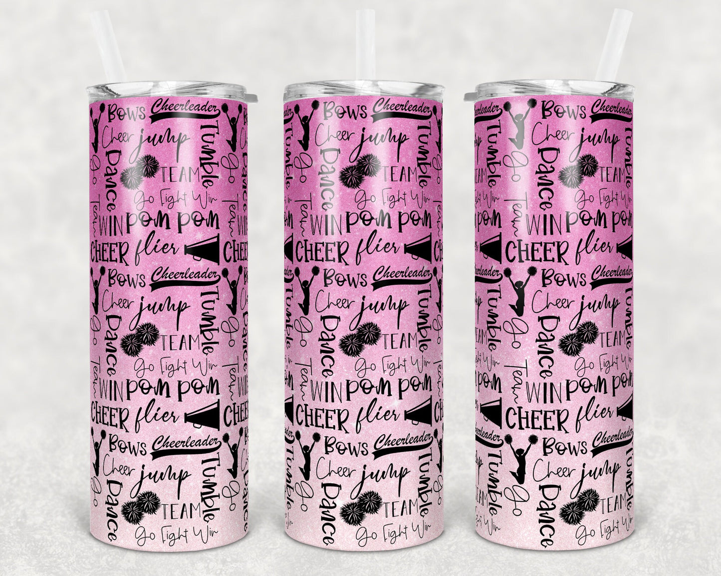 20 oz Skinny Tumbler Cheer Ombre Pink Glitter Cheer Words Cheerleading Sublimation Design