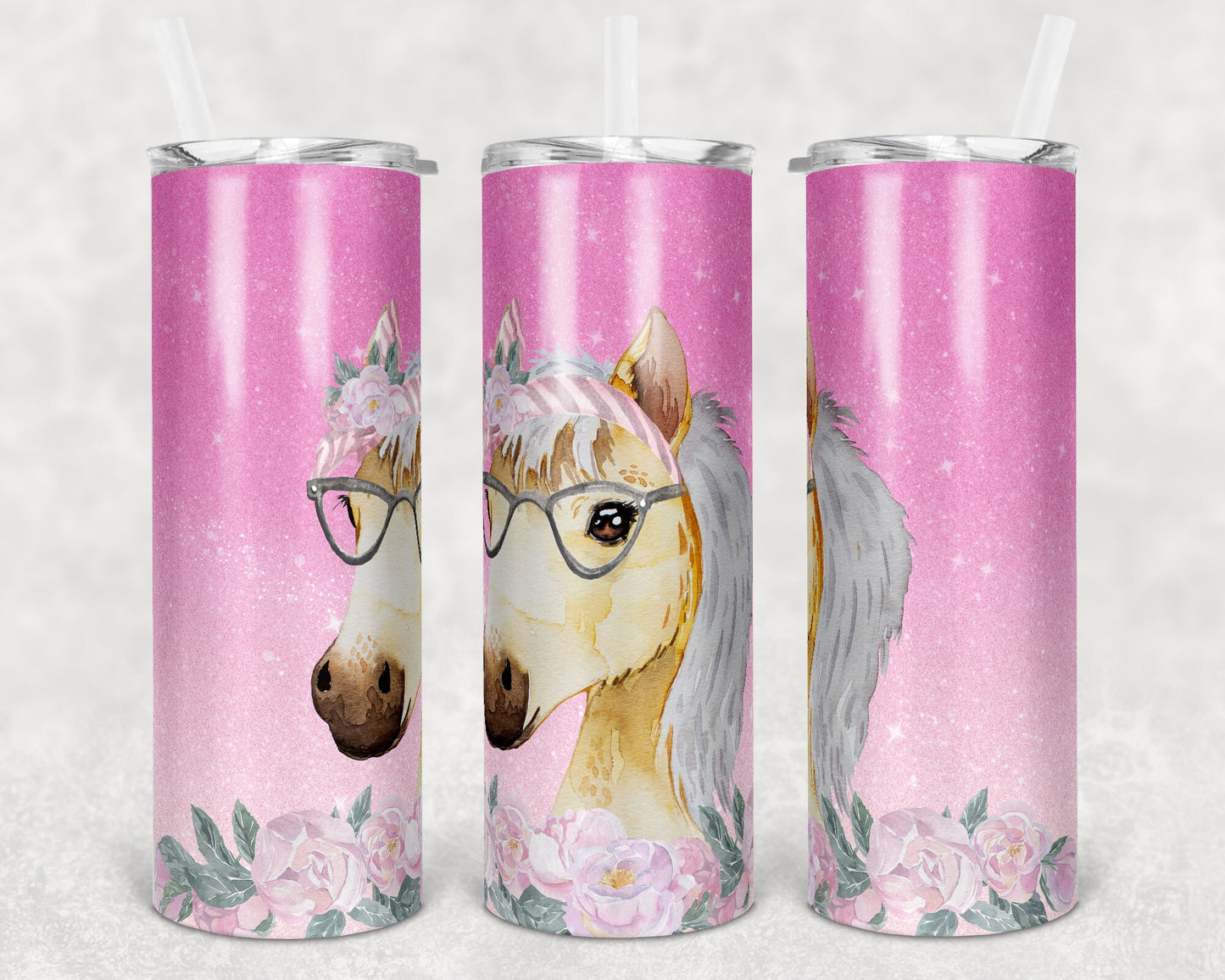 20 oz Skinny Tumbler Sublimation Design Template Ombre Glitter Horse Straight and Warped