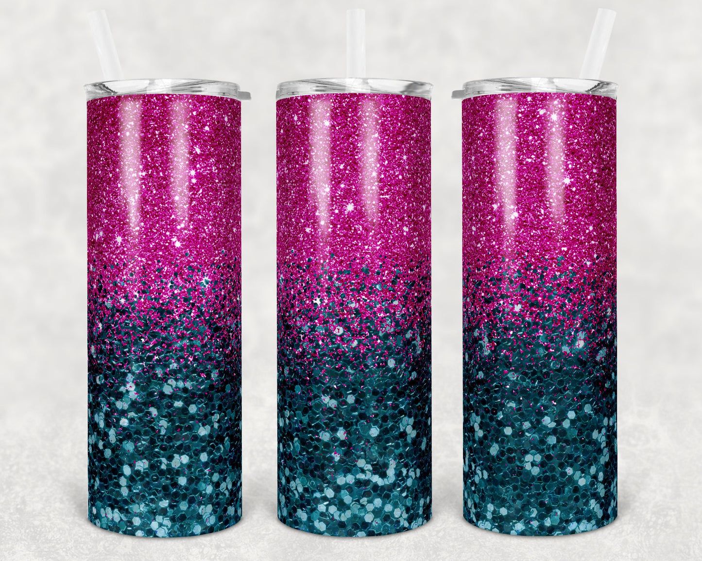 20 oz Skinny Tumbler Sublimation Design Template Glitter Ombre Teal Pink Chunky Faux Glitter Straight Warped Design