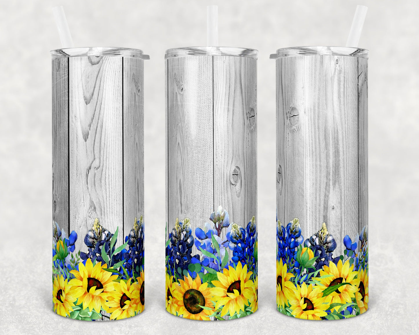 20 oz Skinny Tumbler Floral Blue Bonnet and Yellow Sunflower Faux Wood Texas Sublimation Design