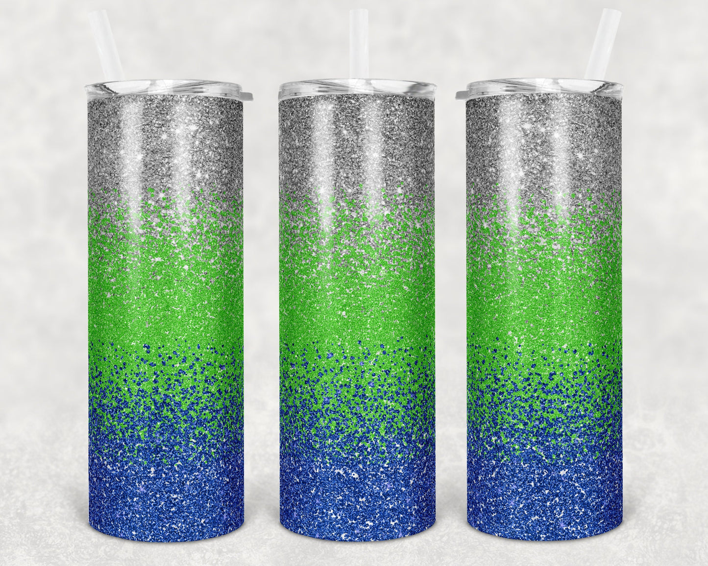20 oz Skinny Tumbler Sublimation Design Template Glitter Ombre Silver Green Blue Straight Warped Design